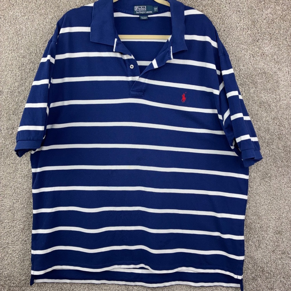 Polo Ralph Lauren Mens 2XB Blue White Striped Polo Shirt Big & Tall Shirt Preppy